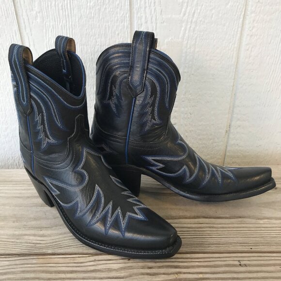 Lucchese Pris Womens Black Leather Blue Western Boots Bootie 9 B N4949 USA - Picture 1 of 14